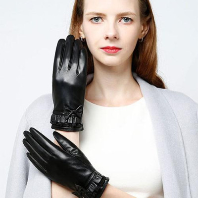 Găng tay nữ da cừu phối nơ nữ tính - BHY8714 Bao tay nữ mùa đông, lót lông, giữ ấm, cản gió, chống nước, cảm ứng điện thoại.