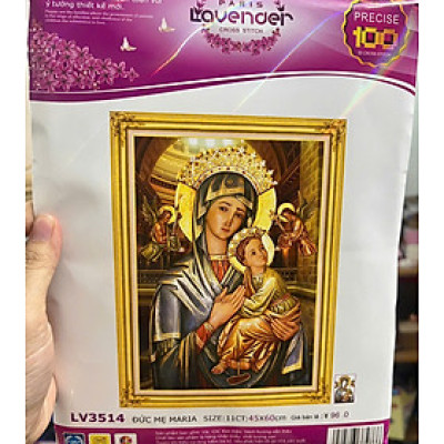 Tranh thêu chữ thập Đức mẹ Maria bồng con lv3514, kích thước 45 x 60 cm