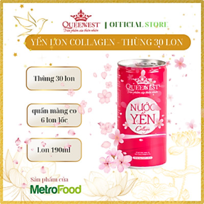 Thùng 30 Lon Nước Yến Collagen QUEENNEST 190ml (190ml x 30 Lon) - Hàng Chính Hãng