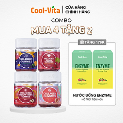 [Mua 4 tặng 2] Combo Kẹo Dẻo Giấm Táo, Kẹo Dẻo Collagen , Kẹo Dẻo Melatonin, Kẹo Dẻo Củ Dền Coolvita - Tặng 2 Hộp Nước Uống Bổ Sung Enzyme Hỗ Trợ Tiêu Hoá, Thanh Lọc Cơ Thể Cool-Vita (45 ml× 7 túi)/hộp