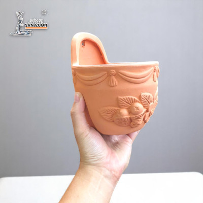 Chậu Ốp Tường Đất Nung Dáng Trứng Dẹp Hoa Văn Tinh Xảo | Trang Trí Treo Tường | Rustic Balcony Planter