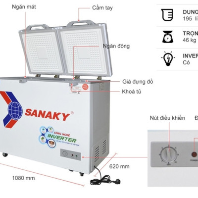 Tủ đông Sanaky Inverter 195 lít 1 ĐÔNG 1 MÁT 2 CỬA MỞ VH-2599W4K - HÀNG CHÍNH HÃNG - CHỈ GIAO HCM