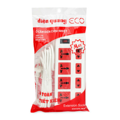 Ổ cắm Điện Quang ECO ĐQ ESK 5WR 8ECO (8 Lỗ, dây dài 5m, màu trắng đỏ) - Hàng chính hãng