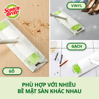 Khăn ướt thay thế cây lau siêu tốc Scotch Brite 3M, 28 cm x 21cm, 8 miếng/gói, kháng khuẩn 99,9%, hương trà xanh thơm mát, tĩnh điện giúp hút và giữ bụi bẩn, tóc,… , phù hợp với nhiều bề mặt
