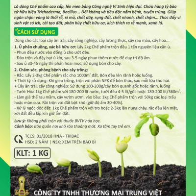 4 gói Chế phẩm vi sinh Trichoderma TRIBAC (1kg). Ủ phân cá, rác hữu cơ hoai mục không mùi hôi. Nấm đối kháng cực mạnh. Ngăn chặn tuyến trùng, nấm bệnh gây vàng lá thối rễ. HSD: 2 năm