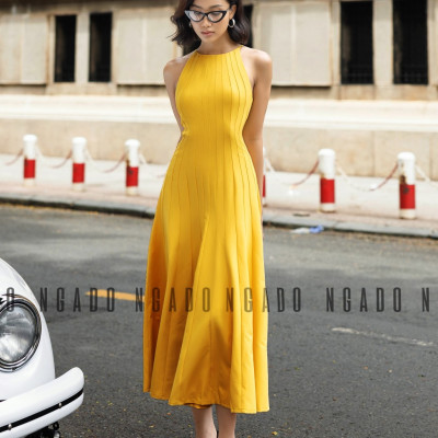 Đầm vàng cổ yếm NGADO, Đầm xòe hở vai, Đầm dự tiệc, Đầm dạo phố