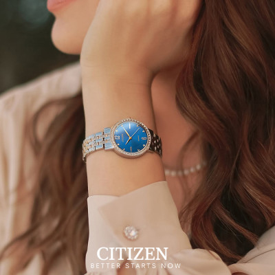 Đồng Hồ Nữ Citizen Pin-Quartz Đính Đá Swarovski Dây Thép Không Gỉ EL3106-59L - Mặt Xanh (31mm)
