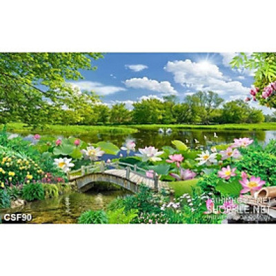 (HCM) Tranh dán tường 3d phong cảnh hoa sen trang trí phòng khách, nhà hàng tích hợp sẵn keo