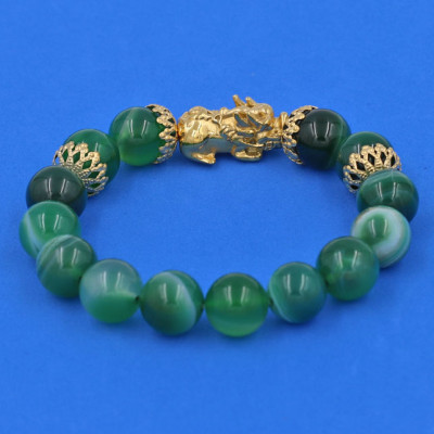 Vòng tay Thạch Anh Xanh Lá Sọc 12 ly - Vòng tay Tỳ Hưu Phong Thủy Chiêu Tài Lộc inox vàng VTAXLSTHBKV12