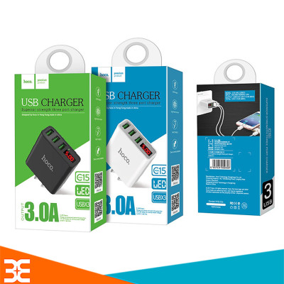 Cốc sạc - củ sạc nhanh 3 cổng Hoco C15 3A - màn hình LCD hiển thị điện áp - Hàng nhập khẩu