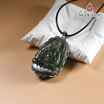 Mặt dây chuyền Phật Adi ngọc bích nephrite bọc bạc size lớn 33x51mm mệnh mộc, mệnh hỏa - Ngọc Quý Gemstones