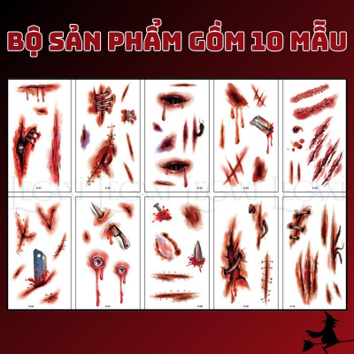 Miếng dán hình xăm kinh dị hóa trang Halloween vết sẹo xước máu giả vết khâu chảy máu vết thương Legaxi