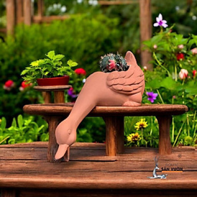 Tiểu Cảnh Thủy Cảnh Đất Nung Hình Vịt Phun Nước Hồ Cá