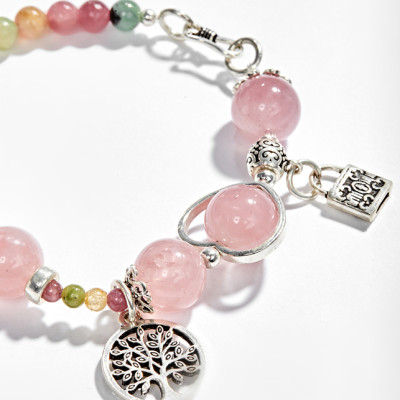 Vòng tay đá Tourmaline phối thạch anh hồng charm khóa (5mm) Ngọc Quý Gemstones