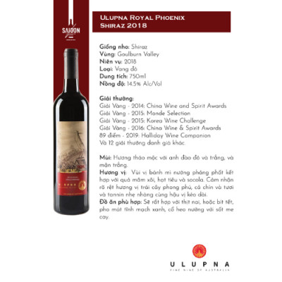 Rượu vang đỏ Ulupna Royal Phoenix Shiraz 2018 750ml 14.5% Alc