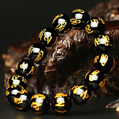 VÒNG TAY ĐÁ MÃ NÃO ĐEN KHẮC OM MANI PADME HUM 16 ly