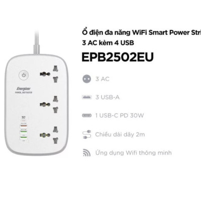 [ Hàng Chính Hãng ] Ổ điện đa năng Energizer 3AC  kèm cổng USB tích hợp Wifi sạc PD 65W chịu tải 3250W