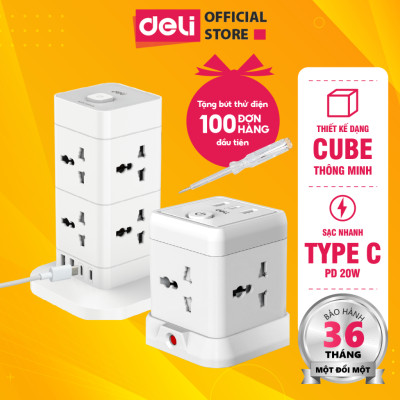 Ổ cắm điện đa năng Deli Công Suất 2500W - Tích Hợp Ổ USB & Type C Thiết Kế Cầu Chì Tự Ngắt Khi Quá Tải, Nắp Chống Giật