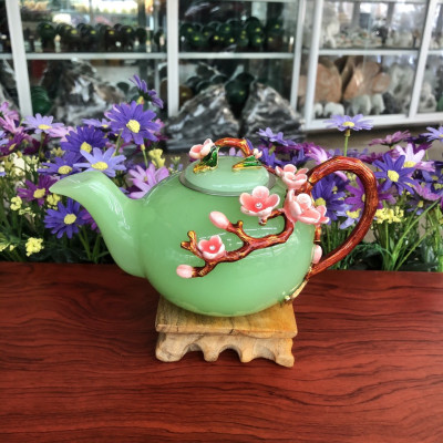 Bộ ấm trà chạm hoa mai đá ngọc cẩm thạch xanh