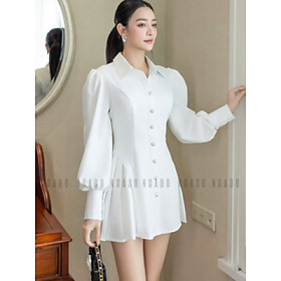 Đầm trắng cổ sơ mi tay dài NGADO , đầm kiểu , đầm sơ mi