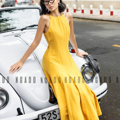 Đầm vàng cổ yếm NGADO, Đầm xòe hở vai, Đầm dự tiệc, Đầm dạo phố