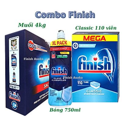 Combo rửa chén Finish: Classic hộp 110 viên, Nước làm bóng 750ml, Muối hộp 4kg - Nhập khẩu Châu Âu.