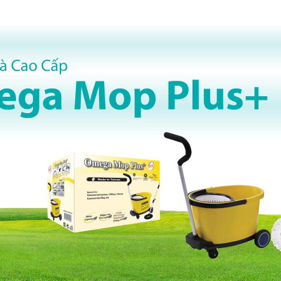 Bộ Lau Nhà 360 độ Omega Mop Plus công nghiệp (xô lớn + xe đẩy + xoay tay)