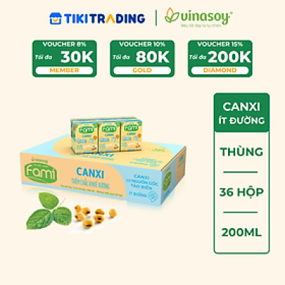 Thùng Sữa đậu nành Vinasoy Fami Canxi ít đường (200ml x 36 Hộp)