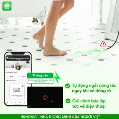Công Tắc Chống Giật Bình Nóng Lạnh Hunonic Datic - Cảm Ứng + Điều Khiển Qua Wifi + Hẹn Giờ + Ra Lệnh Bằng Giọng Nói