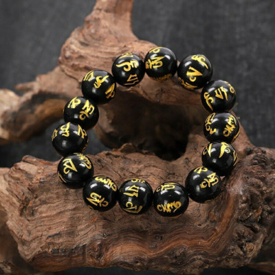 VÒNG TAY ĐÁ MÃ NÃO ĐEN KHẮC OM MANI PADME HUM 16 ly