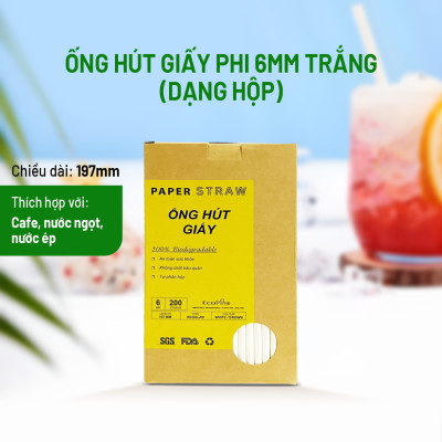 Hộp 200 ống hút giấy phi 6mm màu trắng ECOPINE - Dùng cho cafe, nước ngọt, nước ép