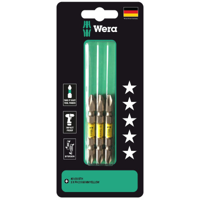 Bộ mũi vít 2 đầu 4 cạnh cao cấp Wera 05344513001 851/23 BTH  3xPH2x65mm Yellow BiTorsion dùng trực tiếp máy khoan bắt vít