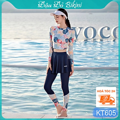 Bộ bơi nữ dài tay chống nắng toàn thân, thiết kế 3 mảnh mới trẻ trung cho eo thon gọn, thun bơi lạnh cao cấp dày mịn mát, bảo vệ da tối ưu và tôn dáng hoàn hảo | KT605
