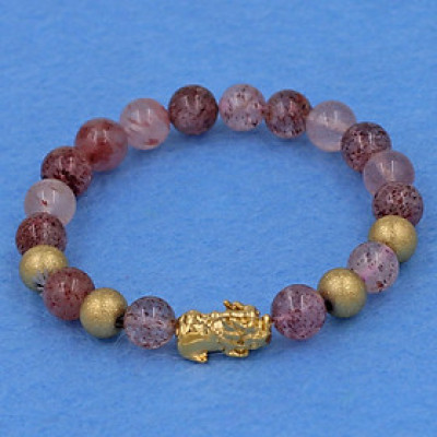 Vòng tay thạch anh dâu tây 8 ly - cẩn Tỳ Hưu inox vàng VTADTTHVB8 - hợp mệnh Hỏa, mệnh Thổ