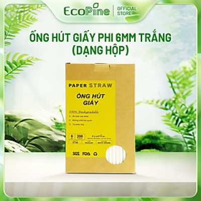 Hộp 200 ống hút giấy phi 6mm màu trắng ECOPINE - Dùng cho cafe, nước ngọt, nước ép