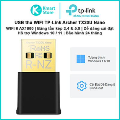 USB thu WIFI TP-Link Archer TX20U Nano | WIFI 6 AX1800 | Băng tần kép 2.4 & 5.0 | Dễ cài đặt | Bảo hành 2 năm | Hàng Chính Hãng