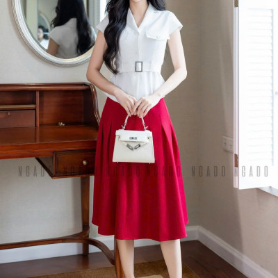 Set áo váy vest trắng đỏ NGADO , set áo váy vest , set công sở
