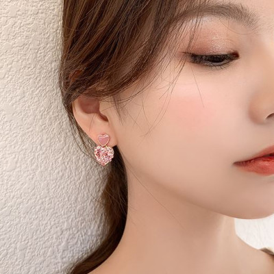 Bông tai trái tim hồng đính đá S925