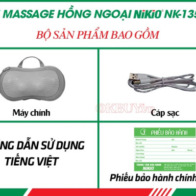 Gối Massage Hồng Ngoại, Máy Mát Xa Cổ Vai Gáy, Matxa Toàn Thân Nikio NK-135DC - Công Nghệ Xoa Bóp Chuyên Sâu, Sưởi Ấm Hồng Ngoại - Pin sạc