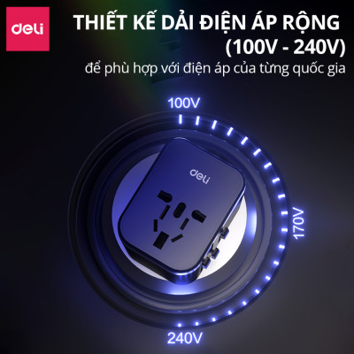 Ổ Cắm Chuyển Đổi Du Lịch Deli Sạc Nhanh 70W Củ Sạc Đa Năng DELI 4 Loại Chân Cắm Chuyển Đổi Dòng Điện
