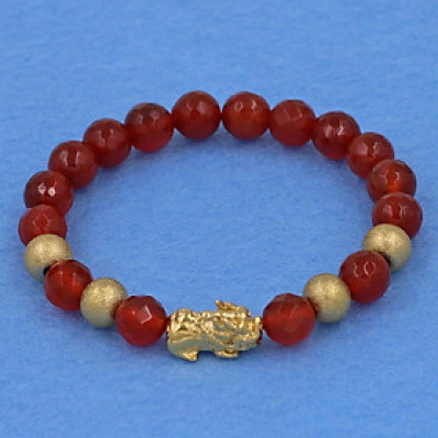 Vòng tay thạch anh đỏ cắt giác 8 ly - cẩn Tỳ Hưu inox vàng VTAOGTHVB8 - hợp mệnh Hỏa, mệnh Thổ