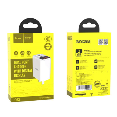 Cục Sạc Cổng Kép USB Có Màn Hình LED Hoco C63 Dòng 2.1A -Hàng Chính Hãng 