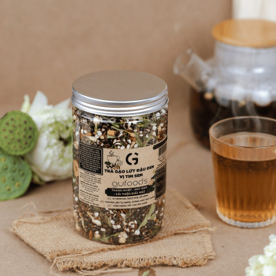 Trà gạo lứt đậu đen vị Tim sen GUfoods (hũ 500g) - Thư giãn tinh thần, Thanh nhiệt, Mát gan, Cải thiện giấc ngủ, Thanh lọc cơ thể