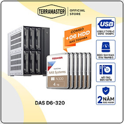 Combo bộ Thiết bị lưu trữ DAS TerraMaster DAS TerraMaster D6-320 6-bay kèm 1 ổ cứng Toshiba NAS N300 24/7 Hàng chính hãng
