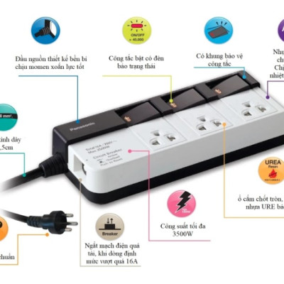 Ổ cắm Panasonic WCHG28334 3500W 3 ổ cắm 3 công tắc dây dài 3M (tặng phích chuyển MPE AD1) - Hàng chính hãng