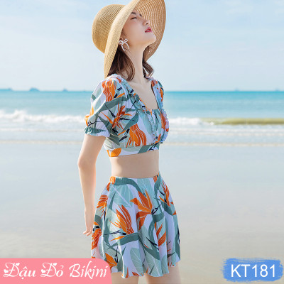 Bộ bơi 2 mảnh nữ thời trang, áo croptop vai bèo & quần váy điệu xinh, lưng trần cách điệu sexy, thun bơi co giãn cao, thoải mái dễ chịu khi mặc | KT181