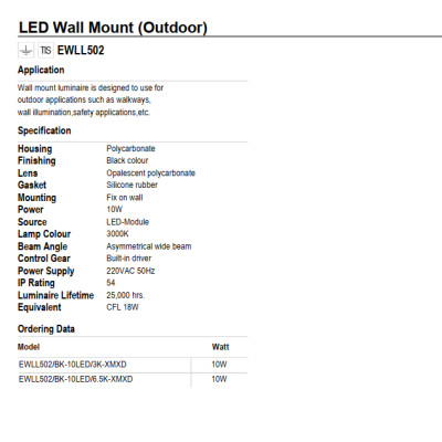 ĐÈN GẮN TƯỜNG NGOÀI TRỜI LUMAX# EWLL502 - CÔNG SUẤT 10W - XX THÁI LAN - MÀU 3000K