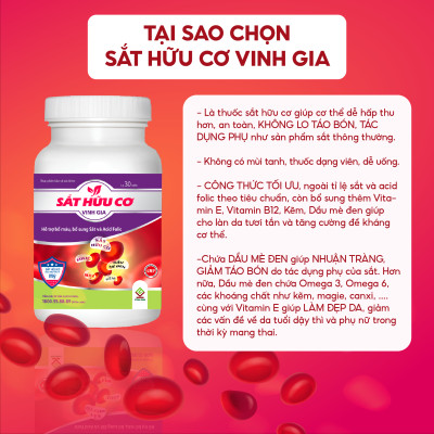 Viên Uống Bổ Sung Sắt Dạng Hữu Cơ VINH GIA Giảm Tình Trạng Thiếu Máu Lên Não, Hoa Mắt, Da Xanh Xao Hộp 30 Viên