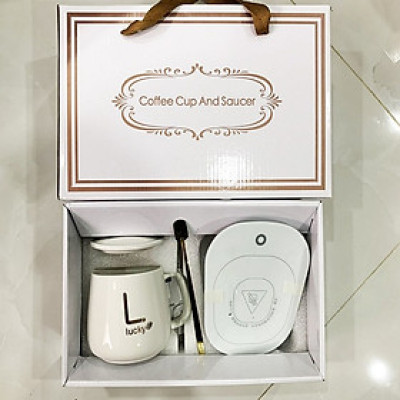 Cốc Hâm Nóng Đồ Uống Hàng chính hãng Lucky , Bộ Ly Sứ Kèm Đế Điện Hâm Nóng Trà, Cafe, Hâm Sữa + Tặng Kèm Thìa Vàng, Hộp Quà Sang Trọng