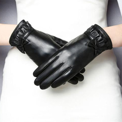 Găng tay nữ da cừu phối nơ nữ tính - BHY8714 Bao tay nữ mùa đông, lót lông, giữ ấm, cản gió, chống nước, cảm ứng điện thoại.